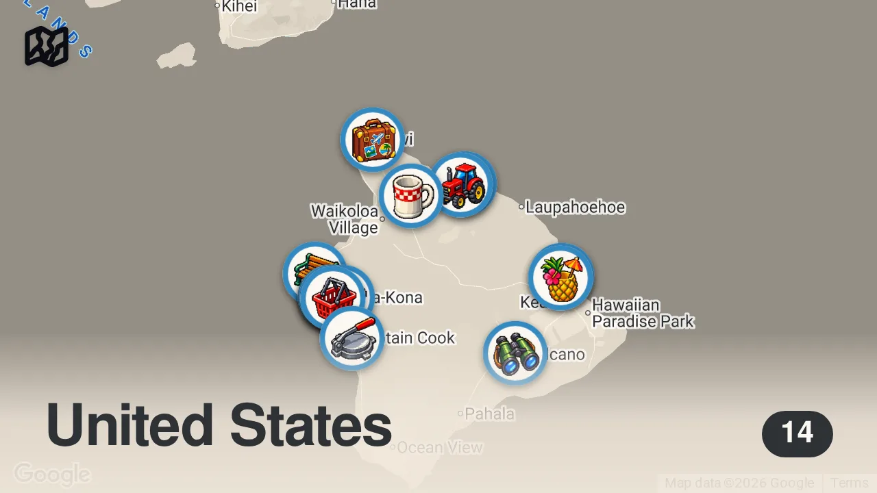 Map of 14 spots from Ultimate Hawaiian Food Tour on the Big Island!!