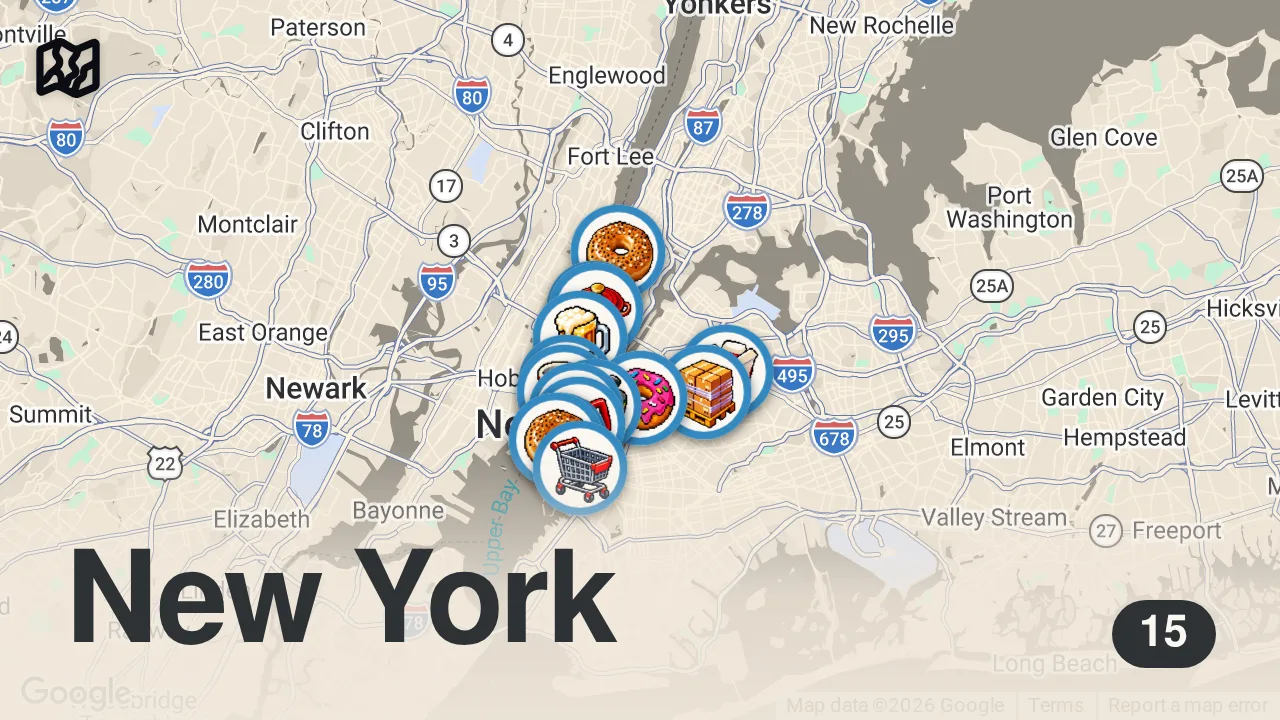 Map of 15 spots from This is everything I ate in four days in New York!👀🍕🥯#newyork #nycfood #nyceats #newyorkcity