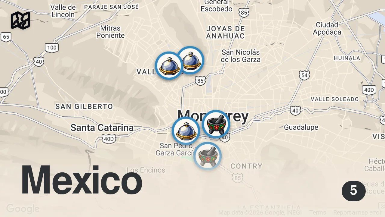 Map of 5 spots from 48 Hours Eating Monterrey's Most INSANE Food!