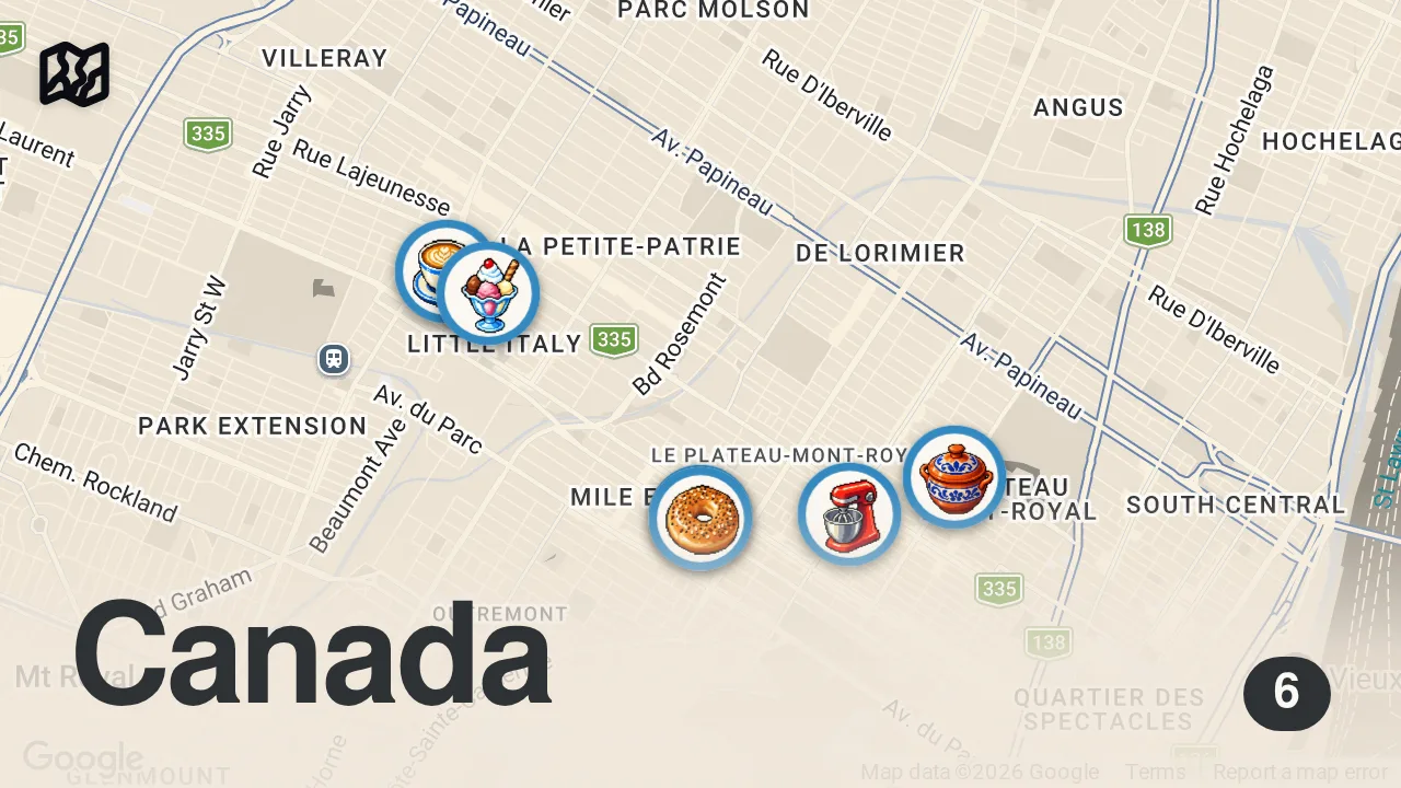 Map of 6 spots from 24 Hours of MONTREAL'S Best Food (pt.2) 🇨🇦 Italian Sweets , Portuguese BBQ & More!