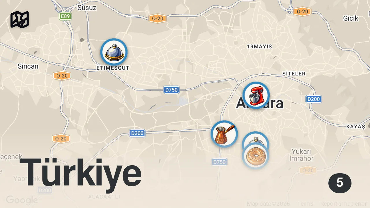 Map of 5 spots from CRAZY Street Food in ANKARA 🇹🇷 - MAKING GIGANTIC DONER KEBAB + AMAZING street food in Turkey