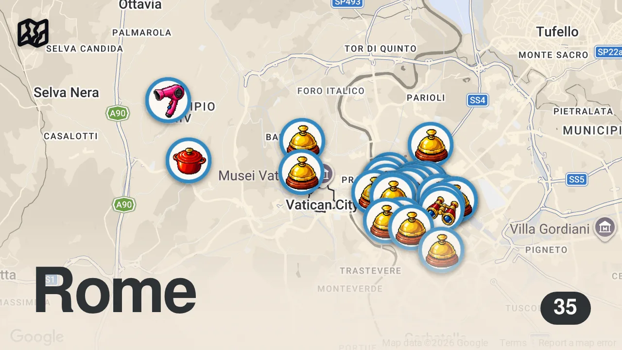 Map of 35 spots from The Top 20 BEST (Luxury) Hotels in Rome, Italy (2026)