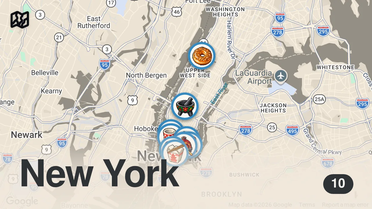 Map of 10 spots from Ranking 10 of the most viral spots in New York🗽🥯🍕🍔#newyork #nycfood #nyceats #nyc #newyorkfood