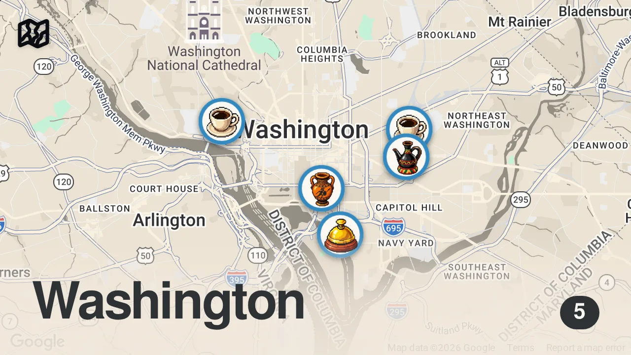Map of 5 spots from Perfect Day of Eating in Washington DC