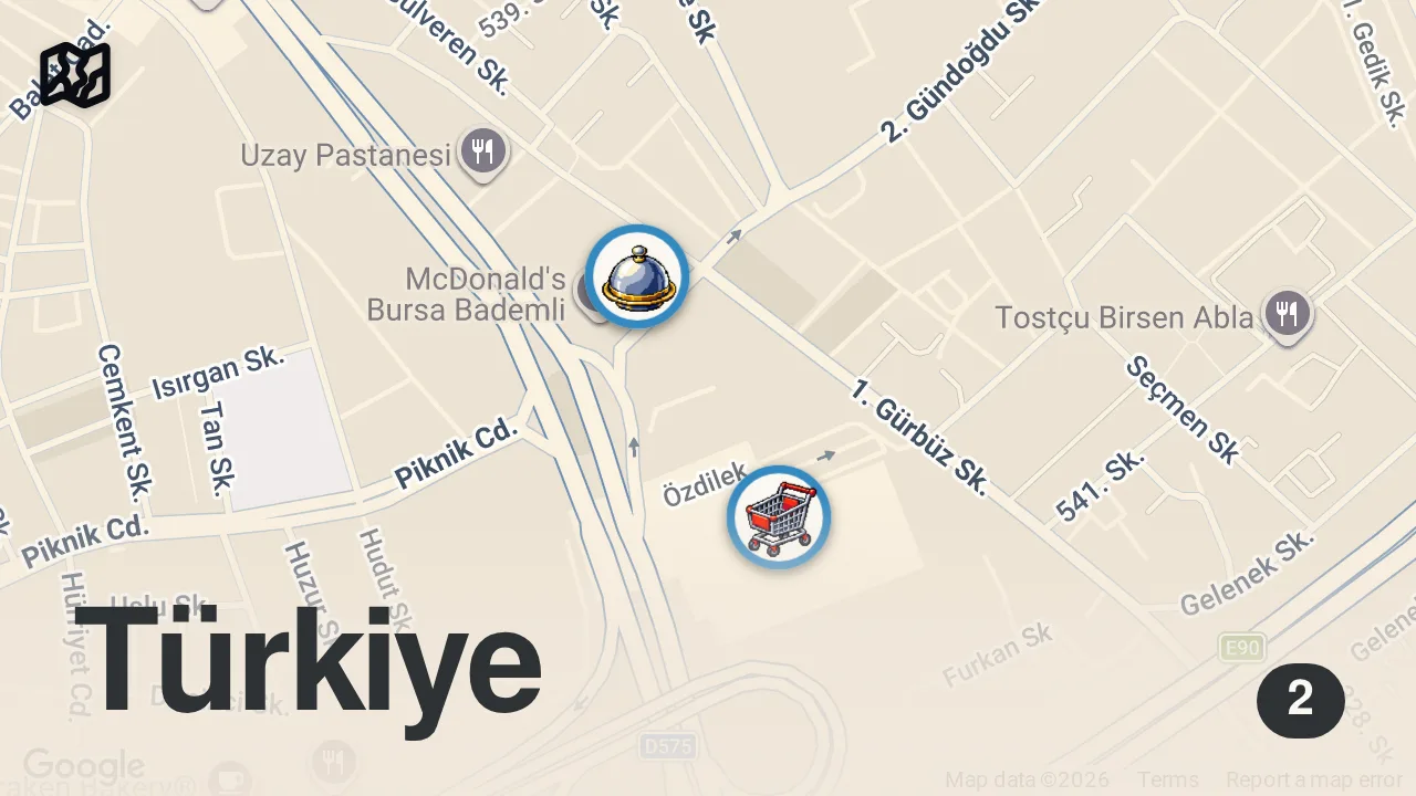 Map of 2 spots from BURSA’NIN EN İYİ YAPRAK DÖNERCİLERİ Bölüm 1 @ersoygurmedoner #reklam #döner #yaprakdöner #bursa