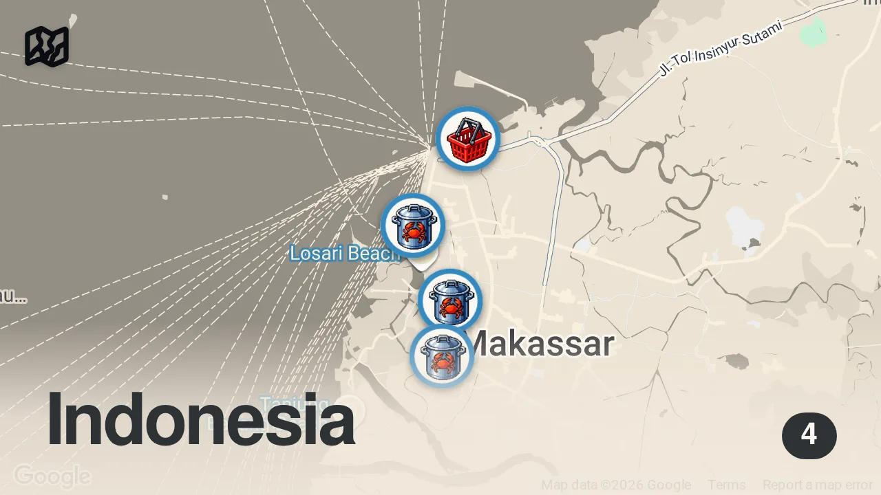 Map of 4 spots from Indonesia Seafood Paradise!! 🦐 23 DISHES IN ONE DAY - Best Food in Makassar!