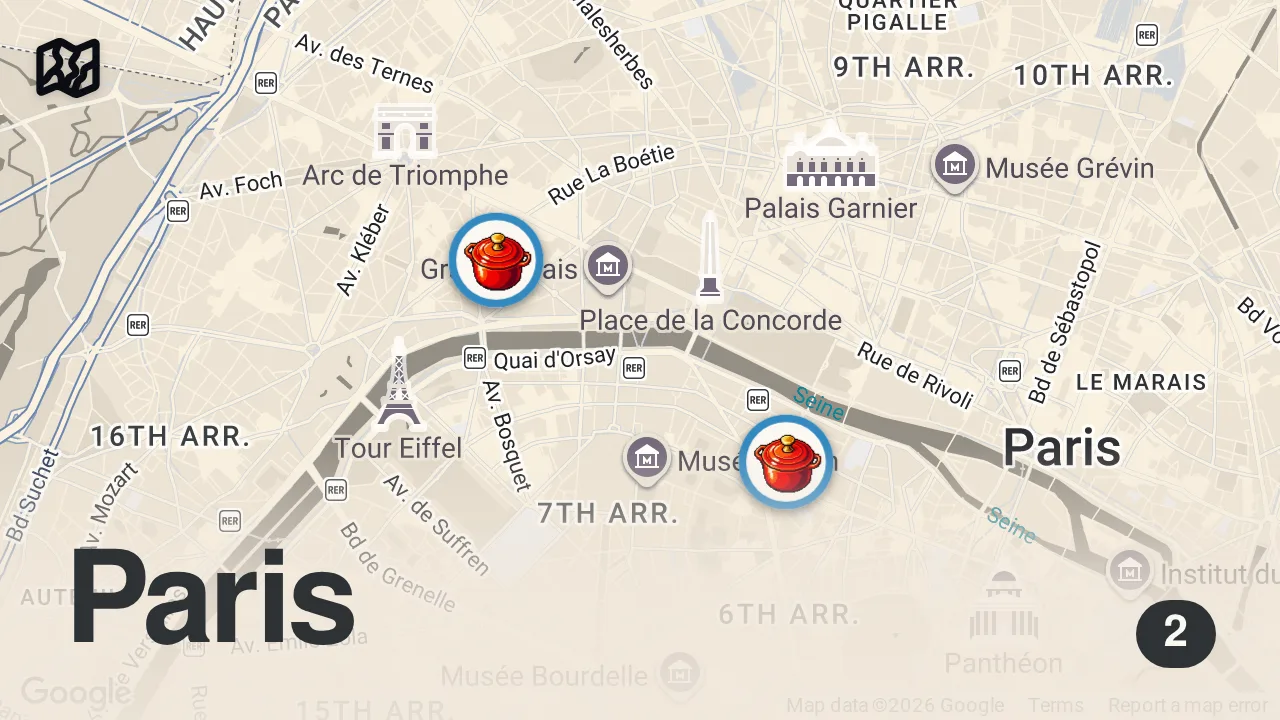 Map of 2 spots from Steak frites sandwiches in PARIS