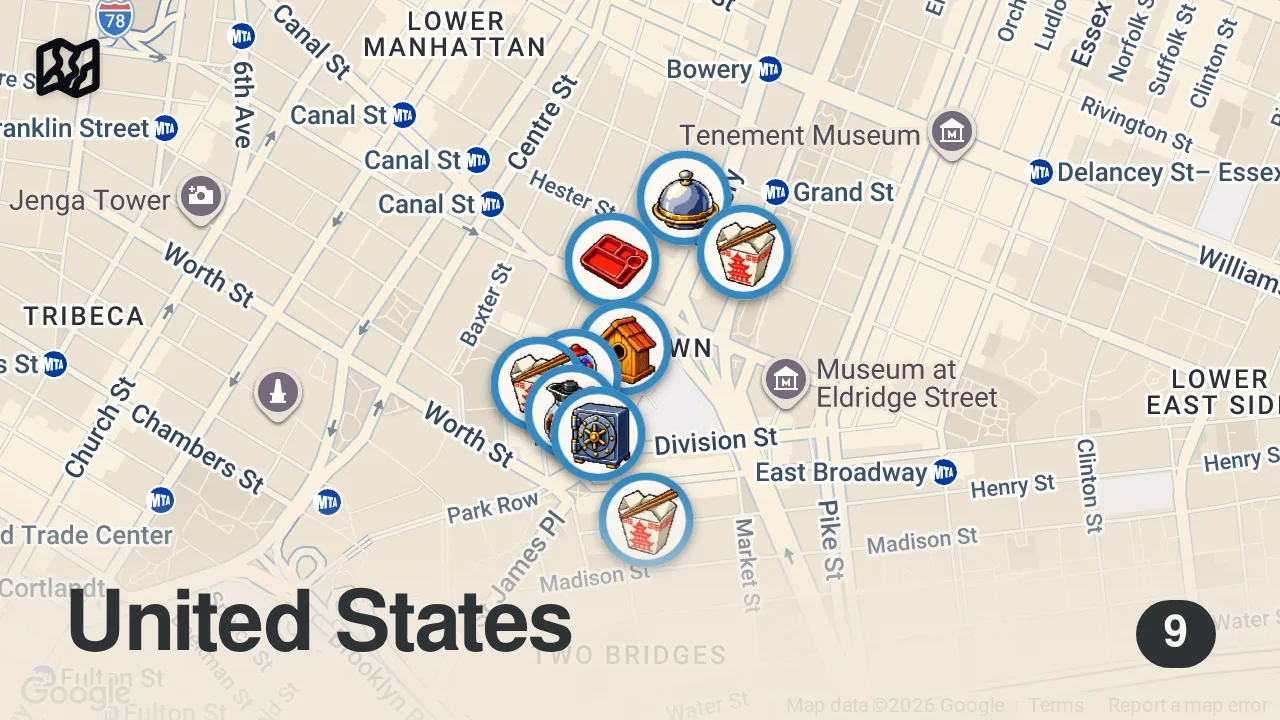 Map of 9 spots from Trying the BEST STREET FOOD in NYC CHINATOWN🥢🥮⋆✶.˚