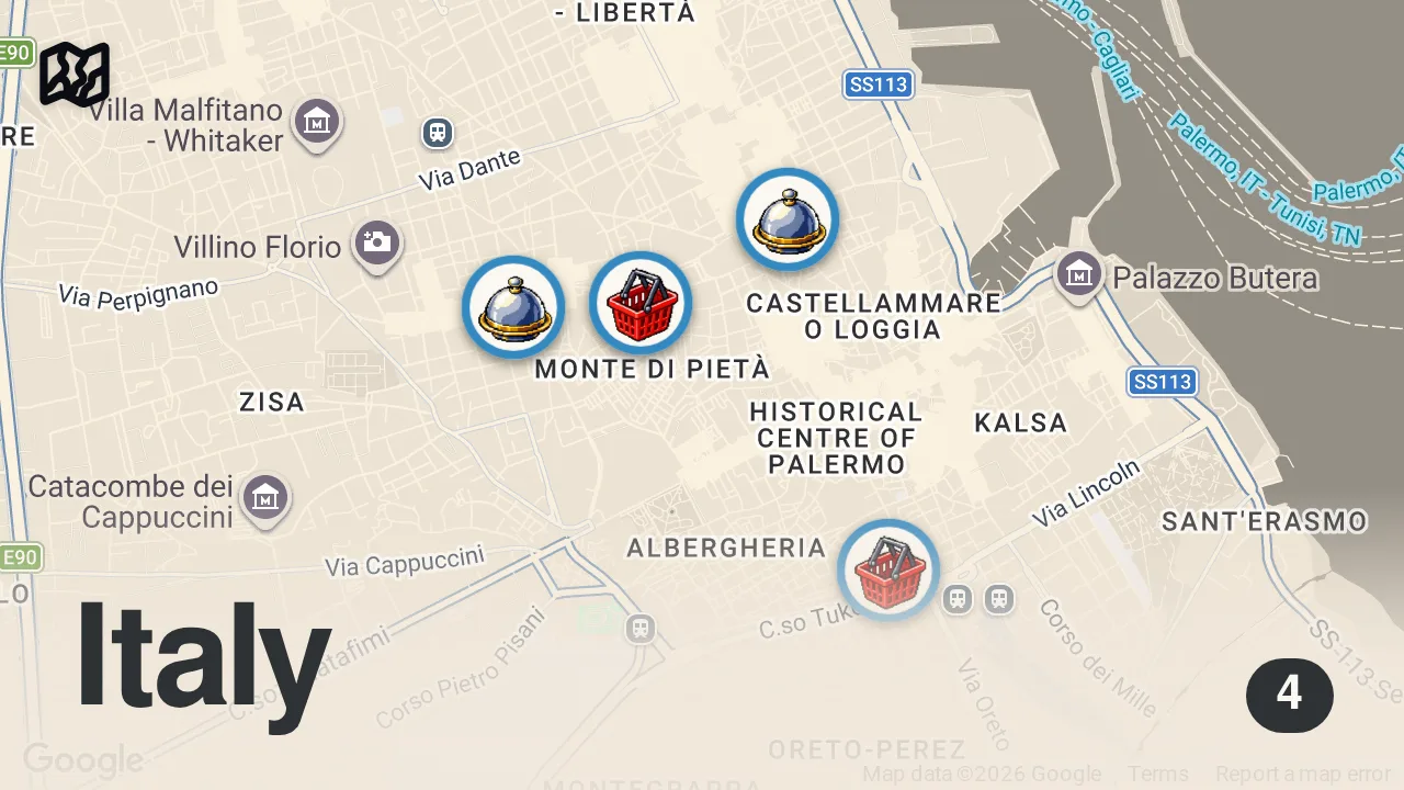 Map of 4 spots from 24H Of Italian Food in PALERMO, Sicily | Local Markets & Insane Street Food
