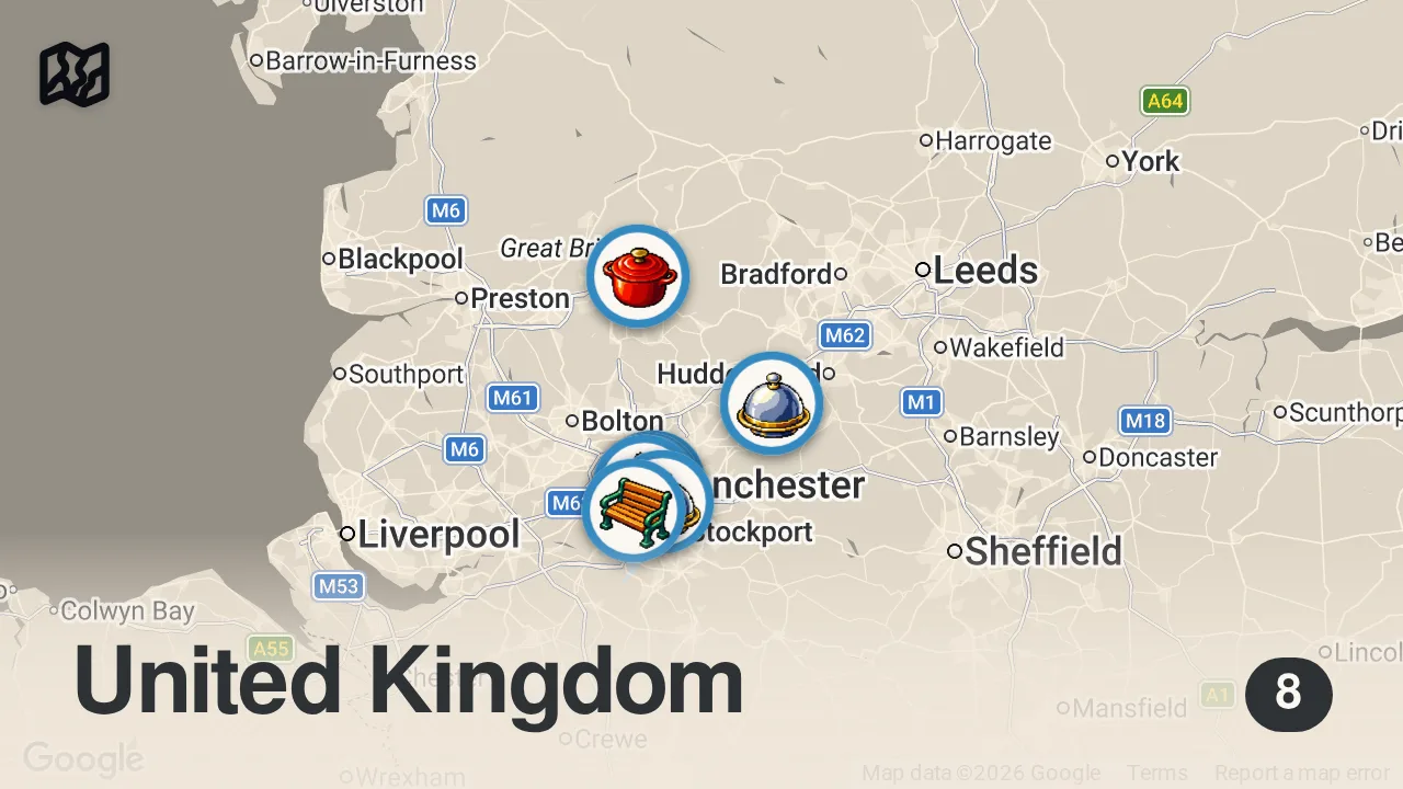 Map of 8 spots from MANCHESTER CHRISTMAS MARKET FOOD GUIDE