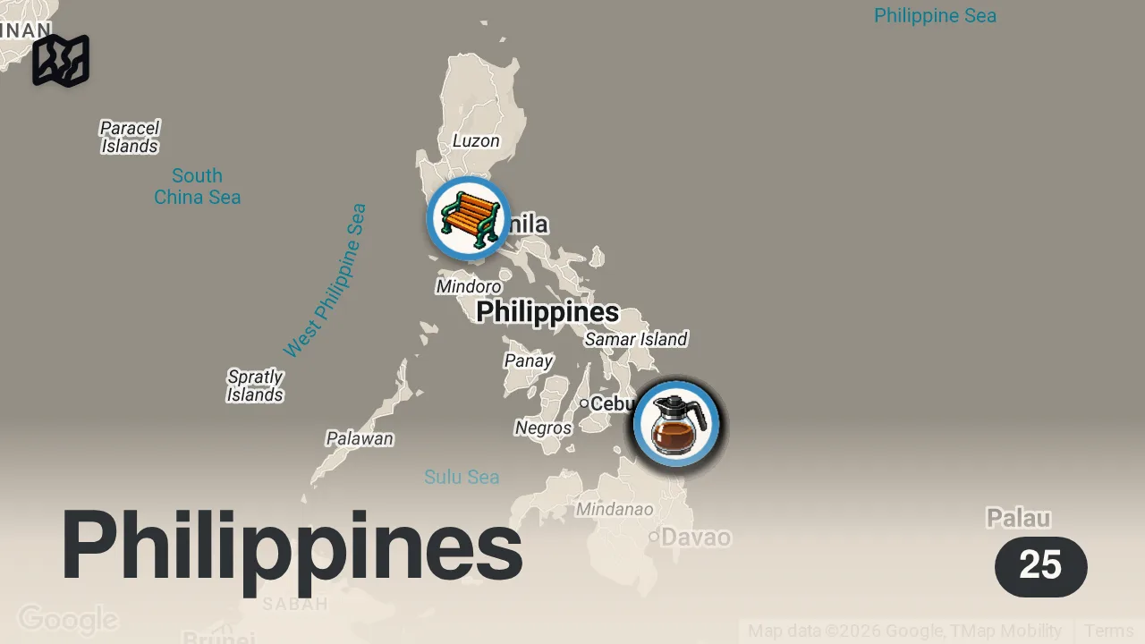 Map of 25 spots from 2026 Siargao Food Guide: 60 Must-Try Eats under ₱500 (w/ Prices!) • Budget Food Trip • Travel Vlog