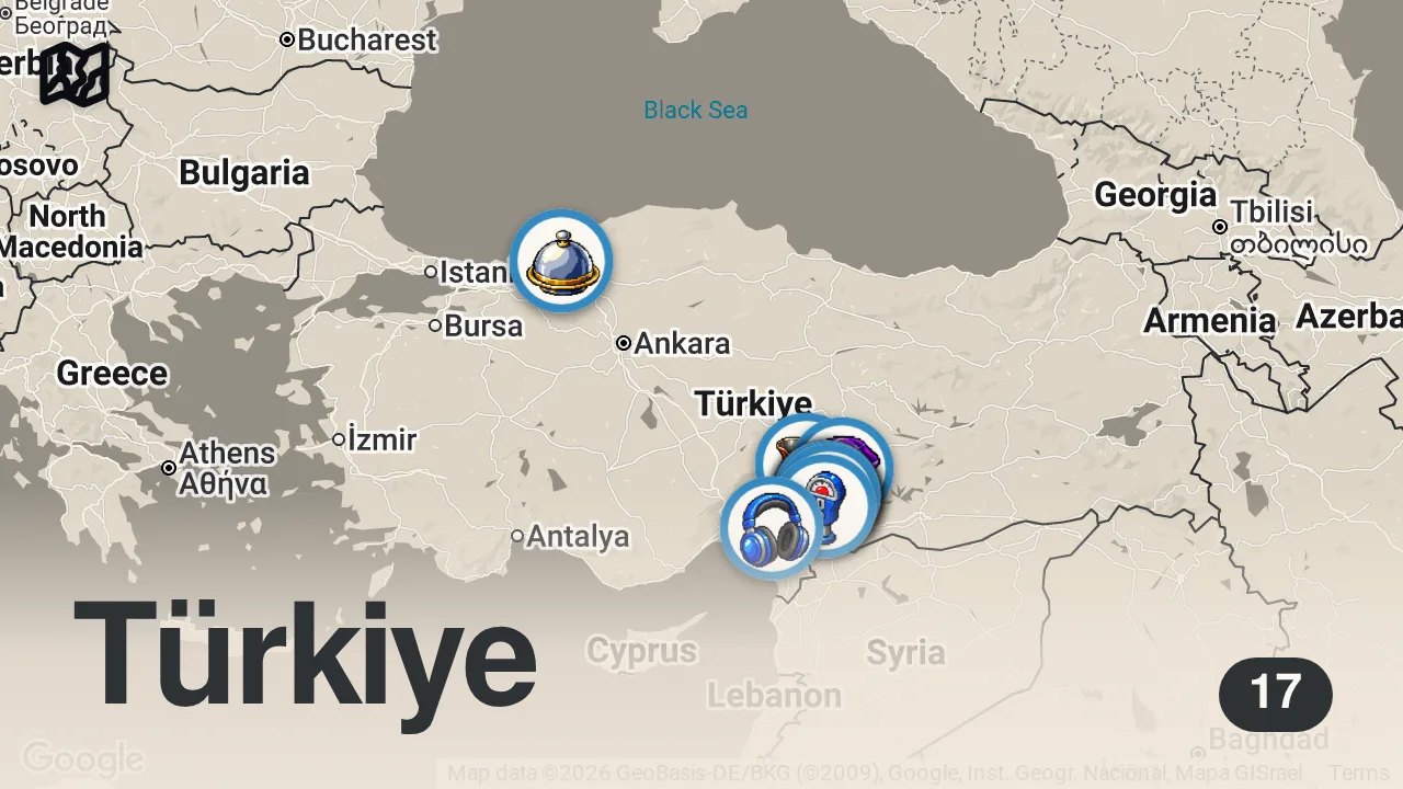 Map of 17 spots from KAHRAMANMARAŞ’TA BİR GÜNDE NE YENİR!!! DÜNYALARI YEDİM!!!