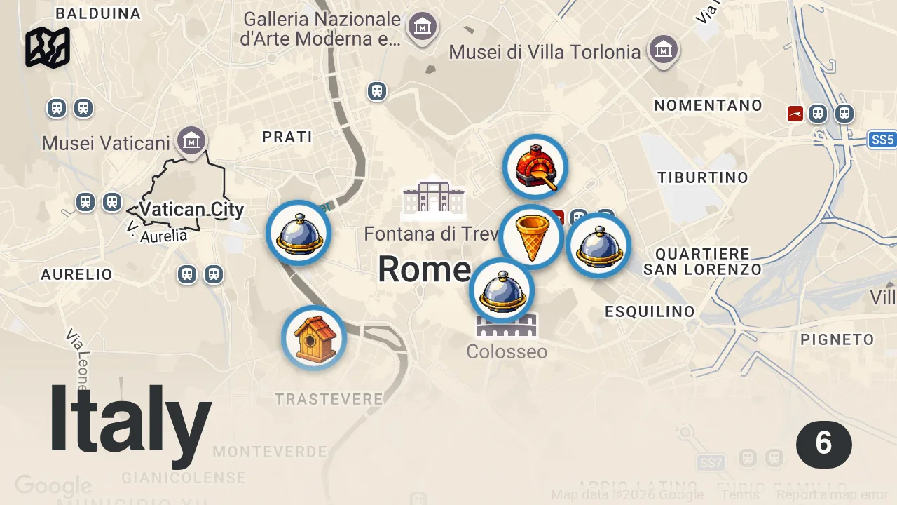 Map of 6 spots from ROME €100 Food Challenge!! Best Italian Food In The Eternal City 🍕🍝🍦