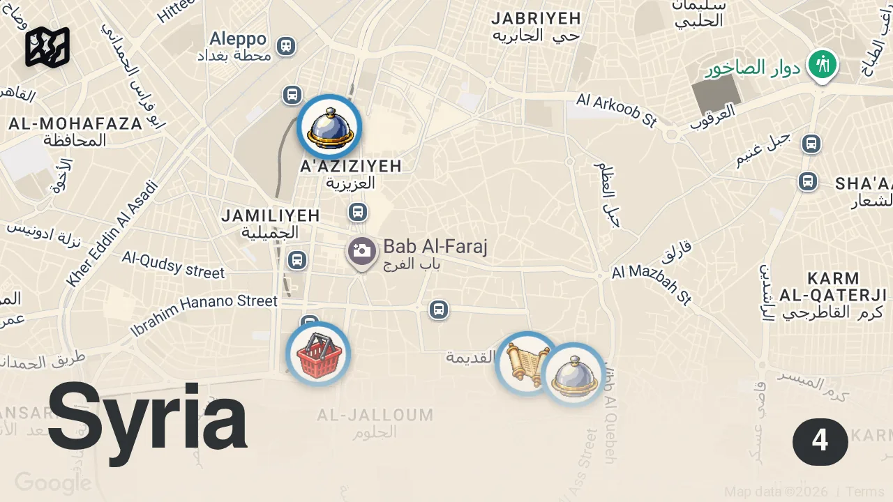 Map of 4 spots from Street Food Paradise in Syria!! $1 FALAFEL MOUNTAIN SANDWICH in Aleppo, Syria!!