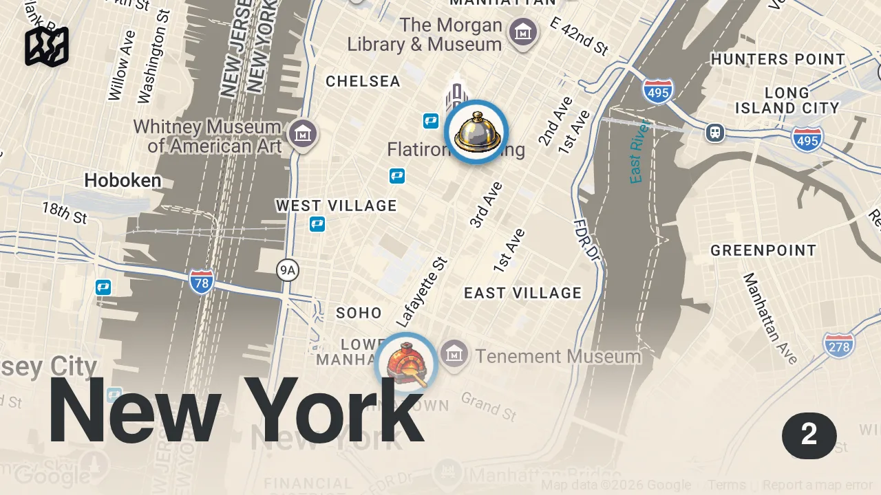 Map of 2 spots from TRYING TOP-RATED NEW PIZZERIA IN NYC📍 Ceres (Little Italy, Manhattan)