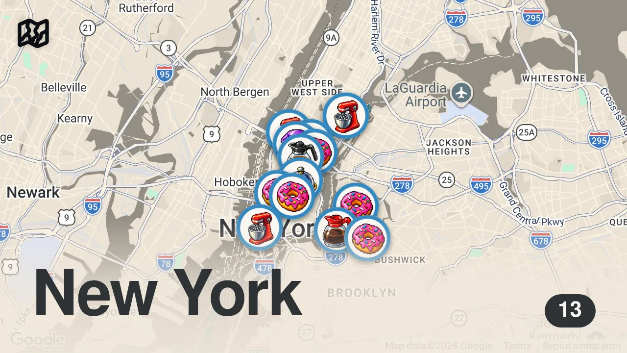 Map of 13 spots from The BEST DONUTS in New York