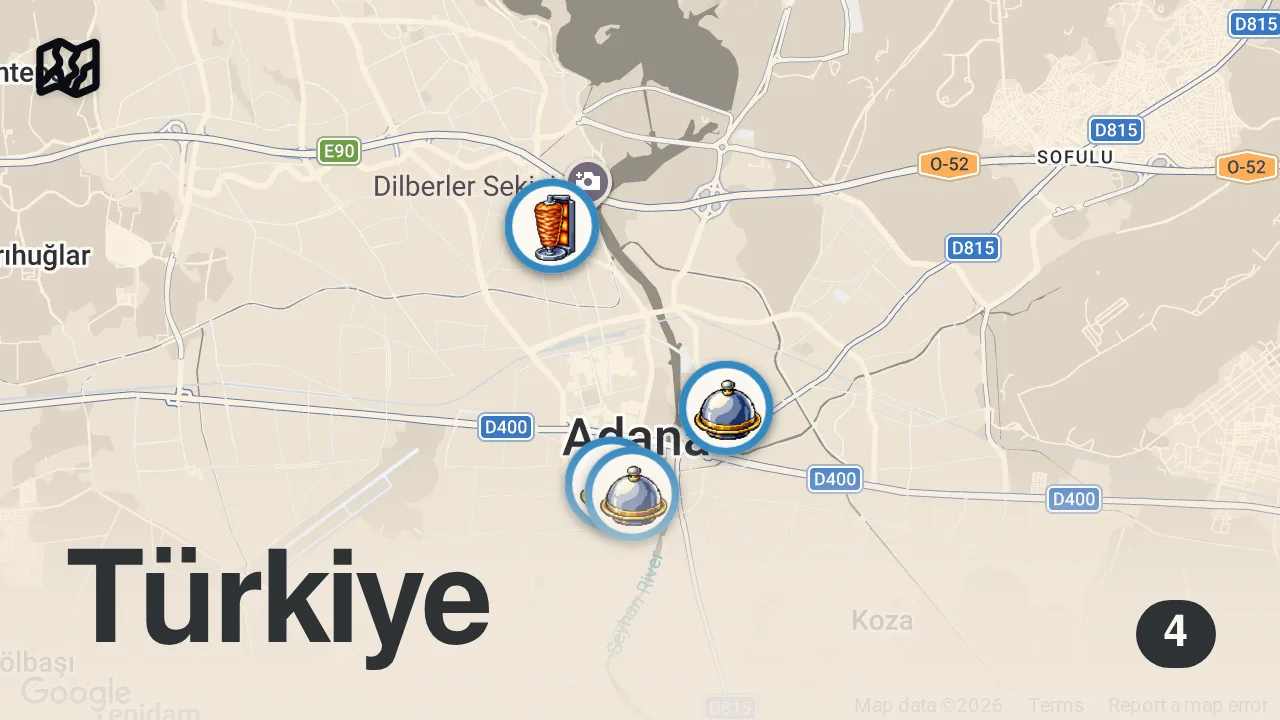 Map of 4 spots from ADANA KEBABINI KİM BULDU?