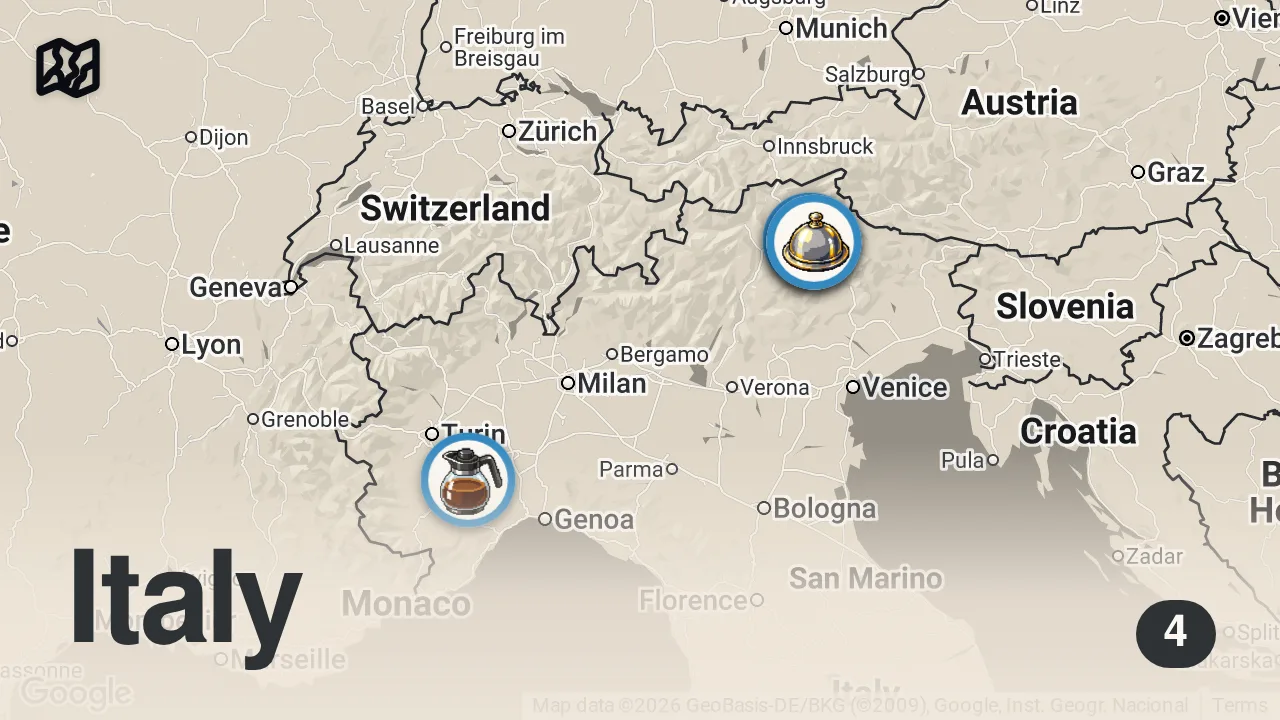 Map of 4 spots from Discovering ITALIAN MICHELIN Cooking, Hidden DEEP in the Dolomites | La Stua De Michil