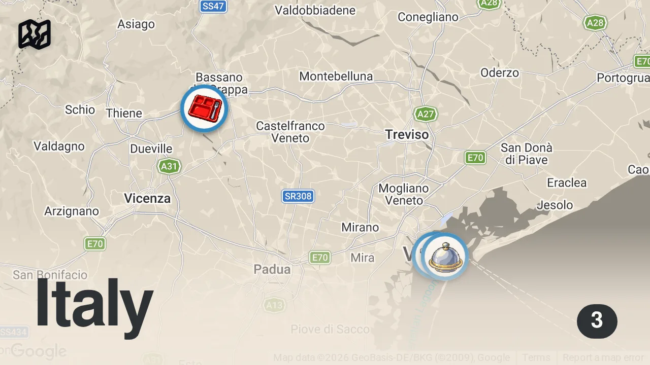 Map of 3 spots from A weekend in the life of a Restaurant Owner in *ITALY*