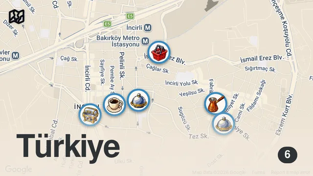Map of Bakırköy Lezzet Rehberi | Bafra Pidesi, Kelle Paça, Arnavut Ciğeri, Ekler - Ayaküstü Lezzetler