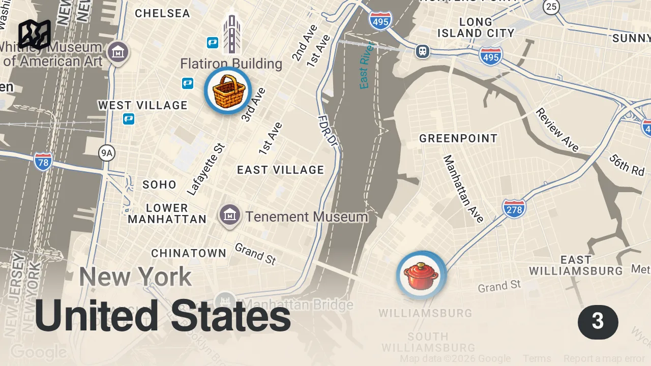 Map of 3 spots from A Day at Brooklyn's Busiest New Restaurant I Cavallini — Mise En Place