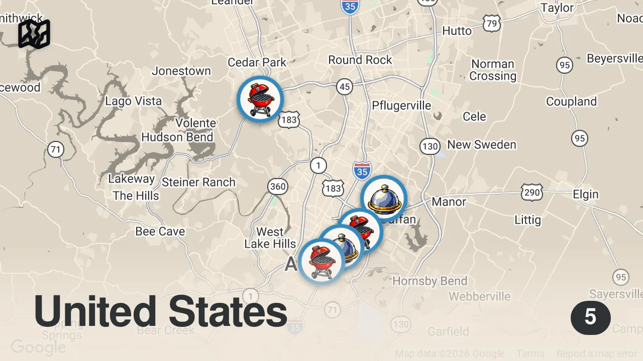 Map of 5 spots from I Tested the #1 BBQ Restaurants in Texas