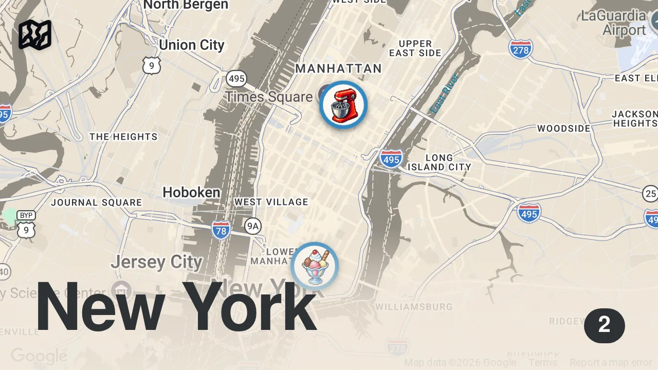 Map of 2 spots from Trying all the most iconic desserts in NYC in one day! #foodie #shorts #eating #nycfood #desserts