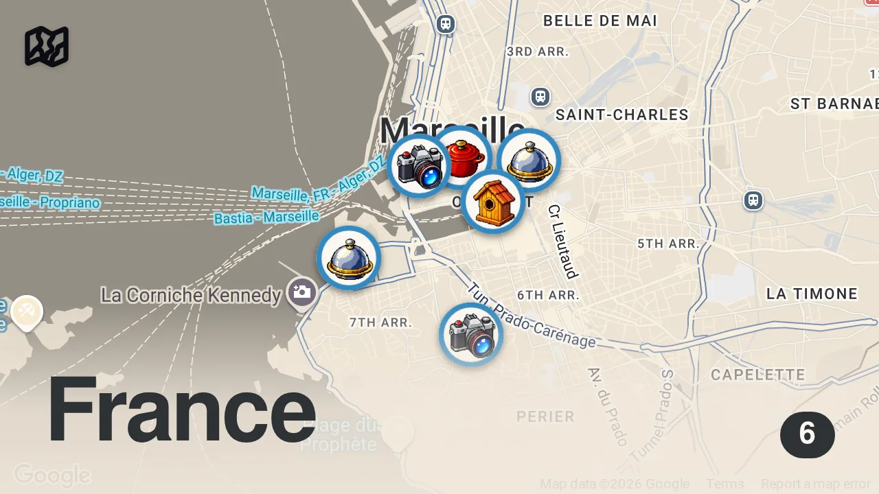 Map of 6 spots from Food Tour in Marseille!! Is This the BEST FOOD in France? 🇫🇷