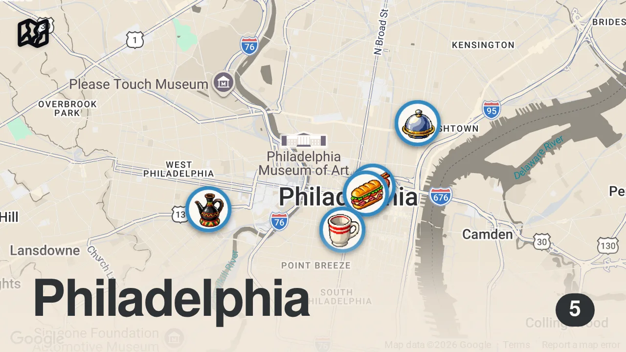 Map of 5 spots from We Compete to Find Philly's Best Food - Feasting on $50
