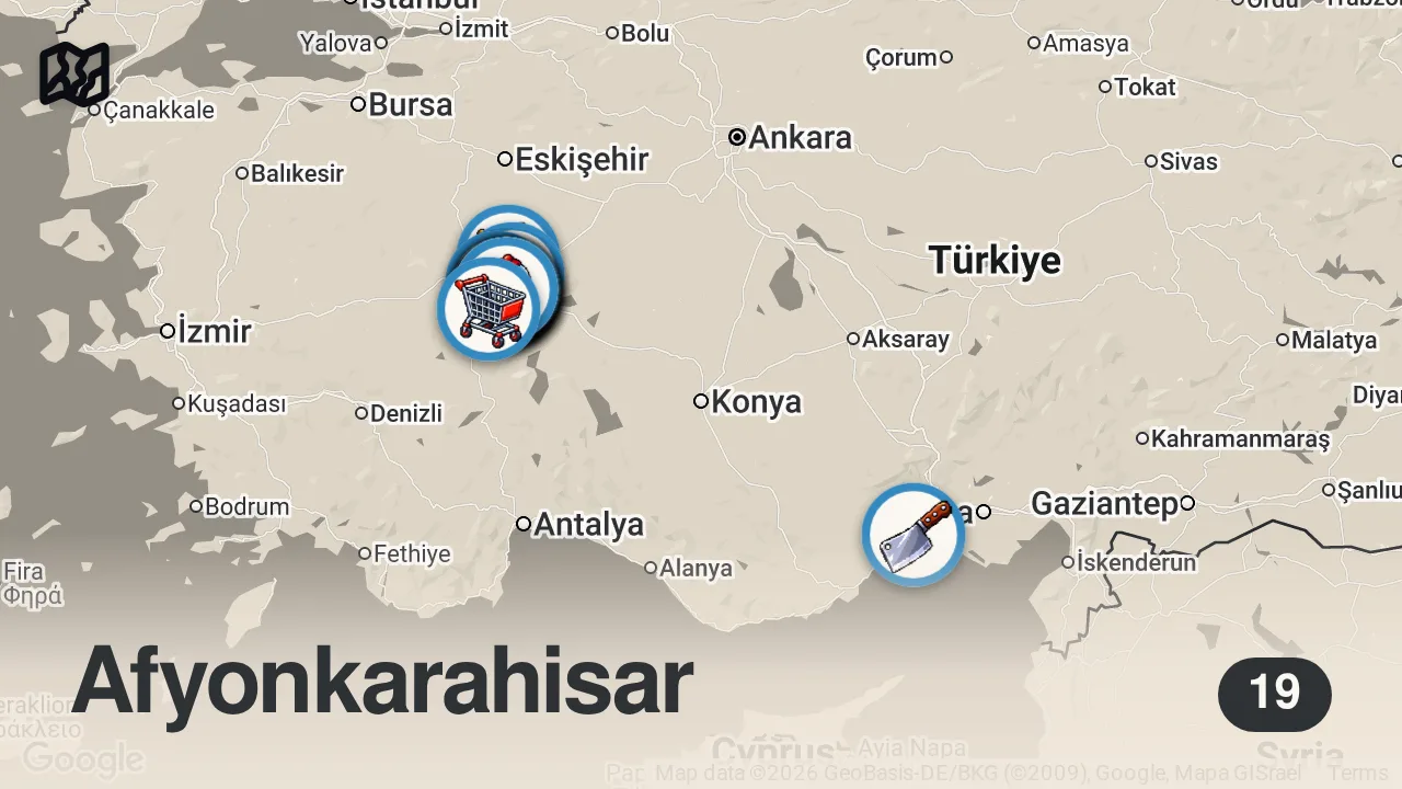Map of 19 spots from AFYON’DA 1 GÜNDE NE YENİR!!!