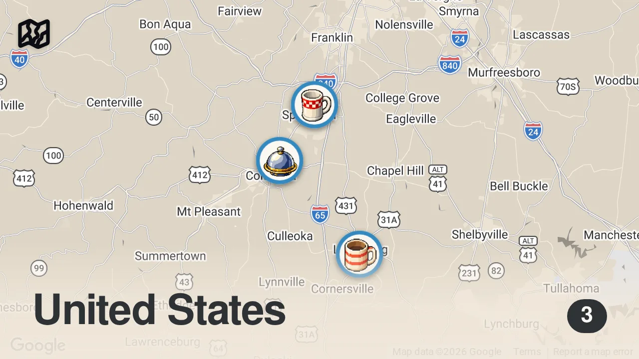 Map of 3 spots from I Tried Random Diners In Tennessee For 24 Hours... (Part 2)