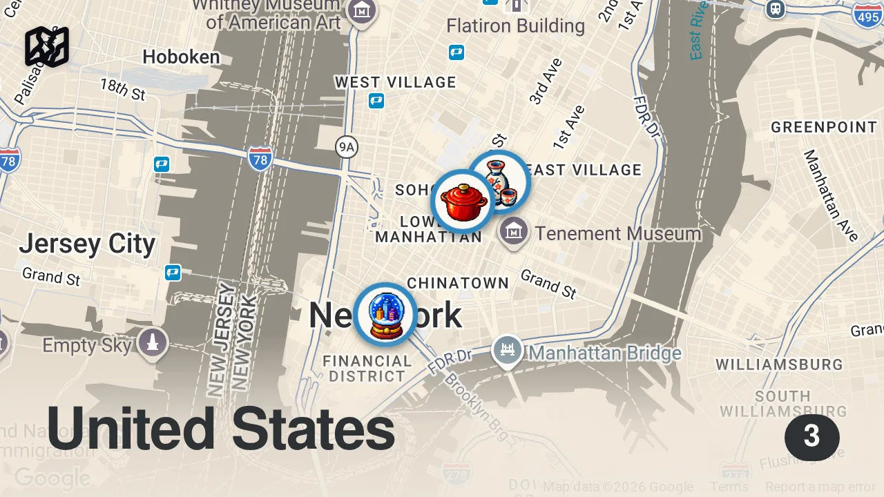 Map of 3 spots from The Best Restaurants and Dishes of 2025! NYC & My Travels! | Let Me Tell You Why Podcast