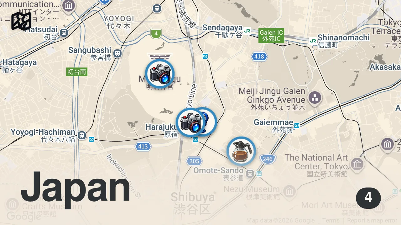 Map of 4 spots from Tokyo Walking Tour 2026 [4K, 60fps]