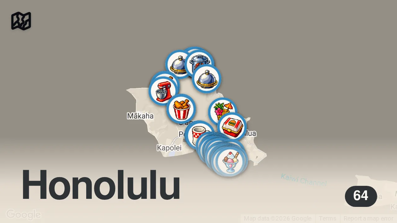 Map of 64 spots from The ULTIMATE HAWAII FOOD GUIDE: 25 Must Try Foods! || & 65+ Local Spots in Oahu, Hawaii