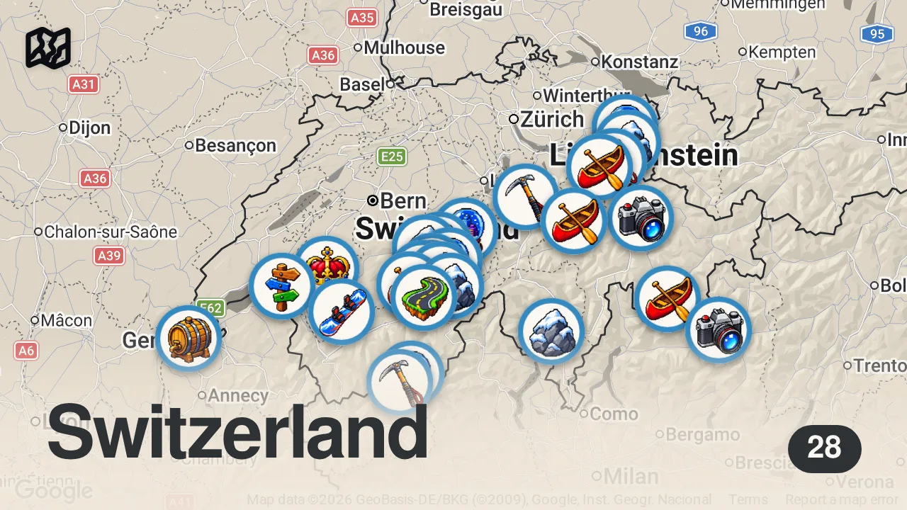 Map of 28 spots from Top 25 Places To Visit in Switzerland - Travel Guide