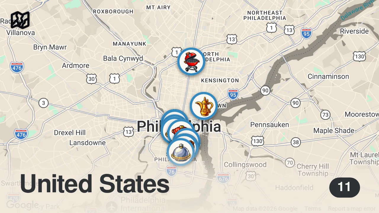 Map of 11 spots from BEST FOOD AT 15 OF PHILADELPHIA'S BEST RESTAURANTS with High Speed Dining