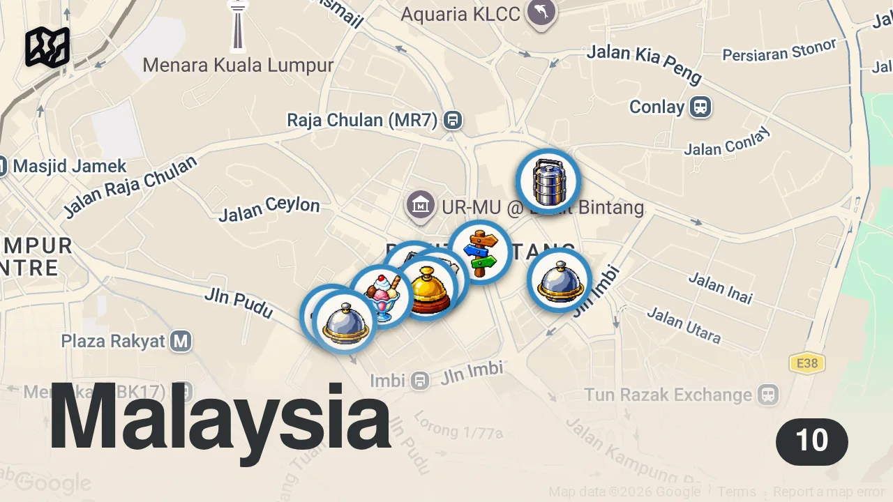 Map of 10 spots from Our First 24 Hrs in Kuala Lumpur was INSANE! 🇲🇾 | Streetfood, Mega Malls, and DURIAN!