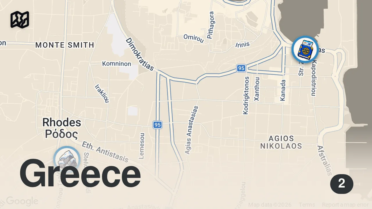 Map of 2 spots from Kapı Vizesiyle Yunan Adaları Turu: Rodos, Kos, Samos