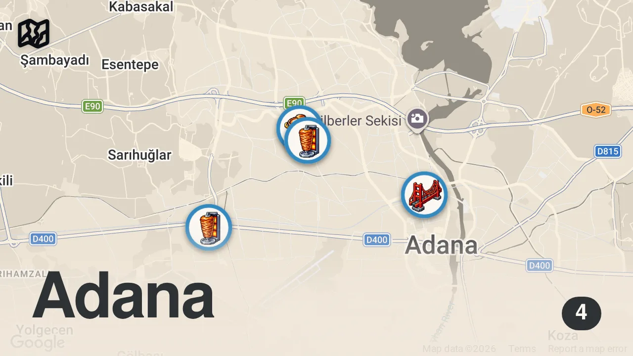 Map of 4 spots from ADANA’DA GECE NE YENİR? MAHALLEMDEKİ GECE LEZZETLERİ