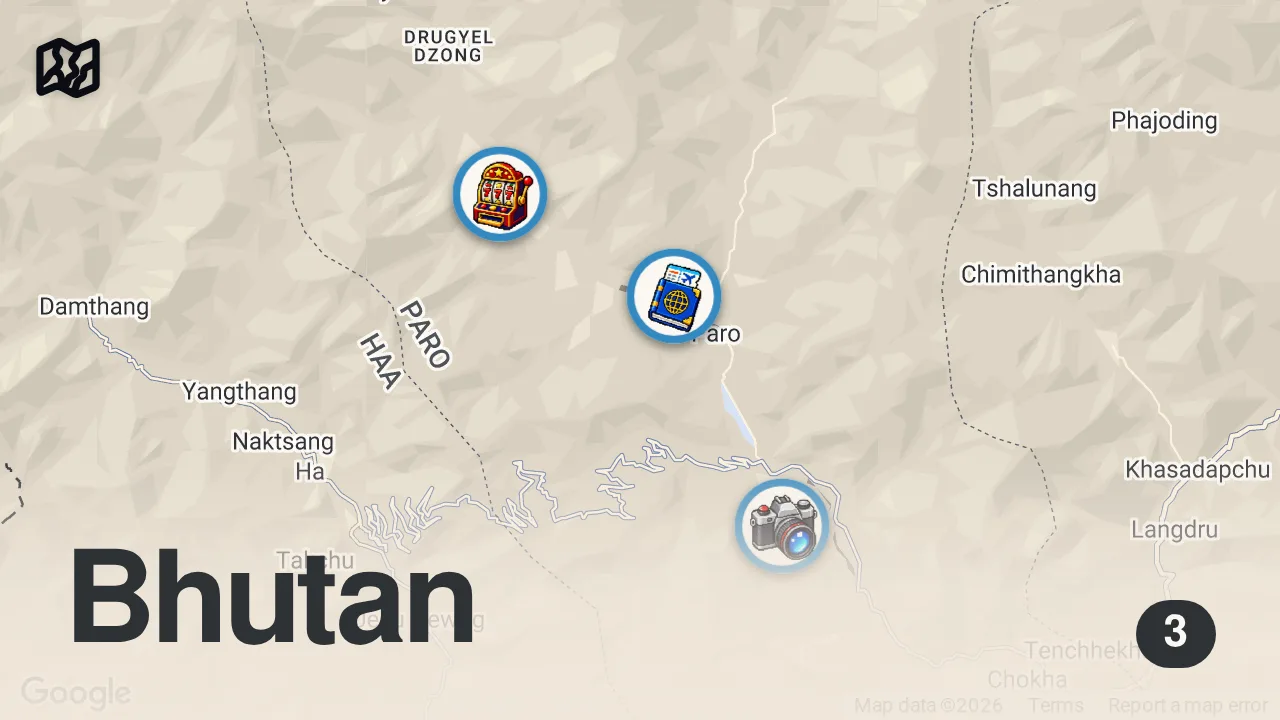 Map of 3 spots from Solo In Dragon Kingdom | The Most Expensive Country In South Asia? - Shopping In Paro, Bhutan ๐ง๐น