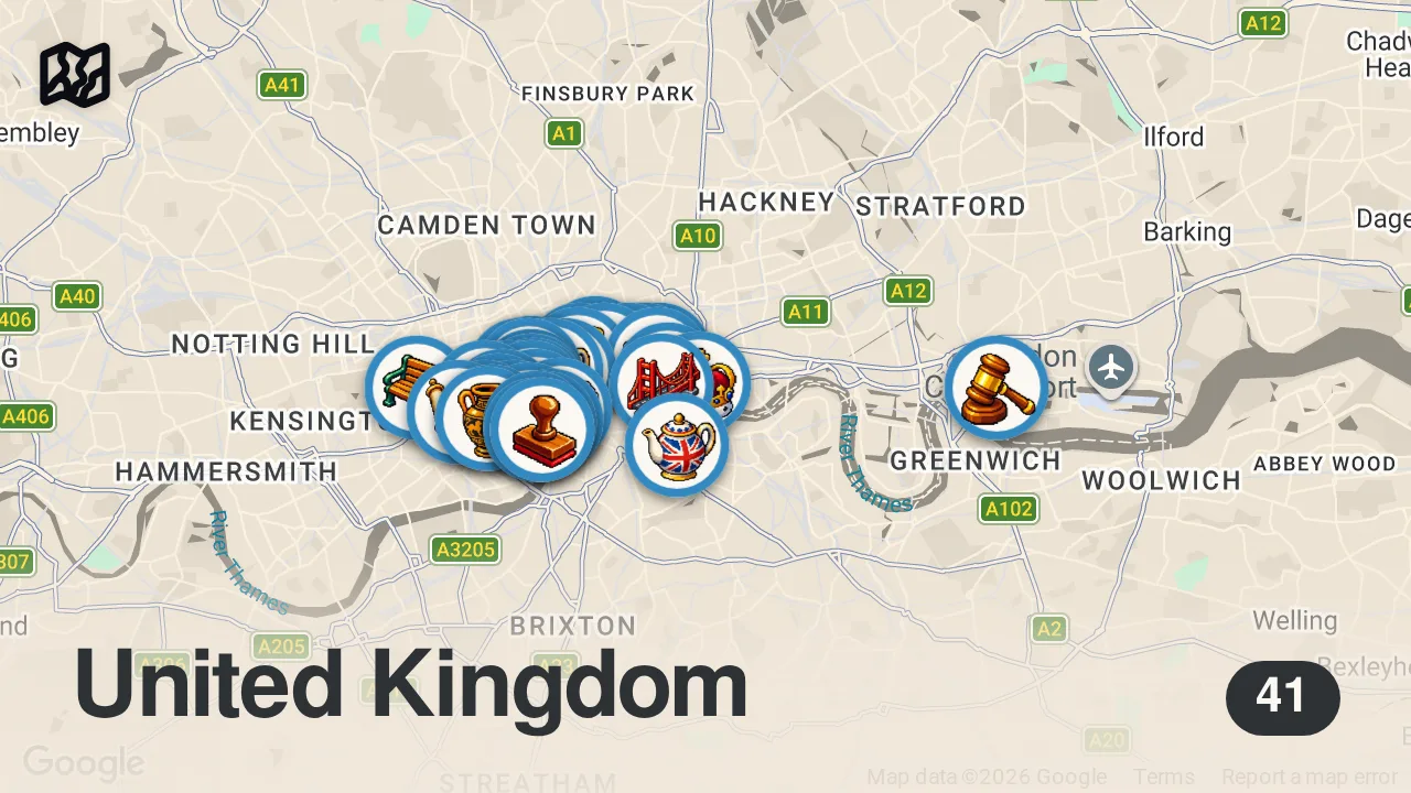 Map of 41 spots from London, England, United Kingdom Walking Tour (4k Ultra HD 60fps) – With Captions