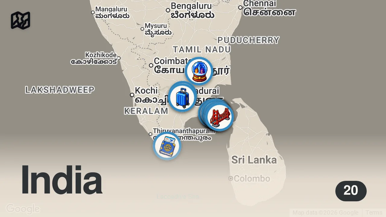 Map of 20 spots from Rameshwaram Travel Guide - Food, Stay & more | Ramanathaswamy Temple, Dhanushkodi, Pamban Bridge