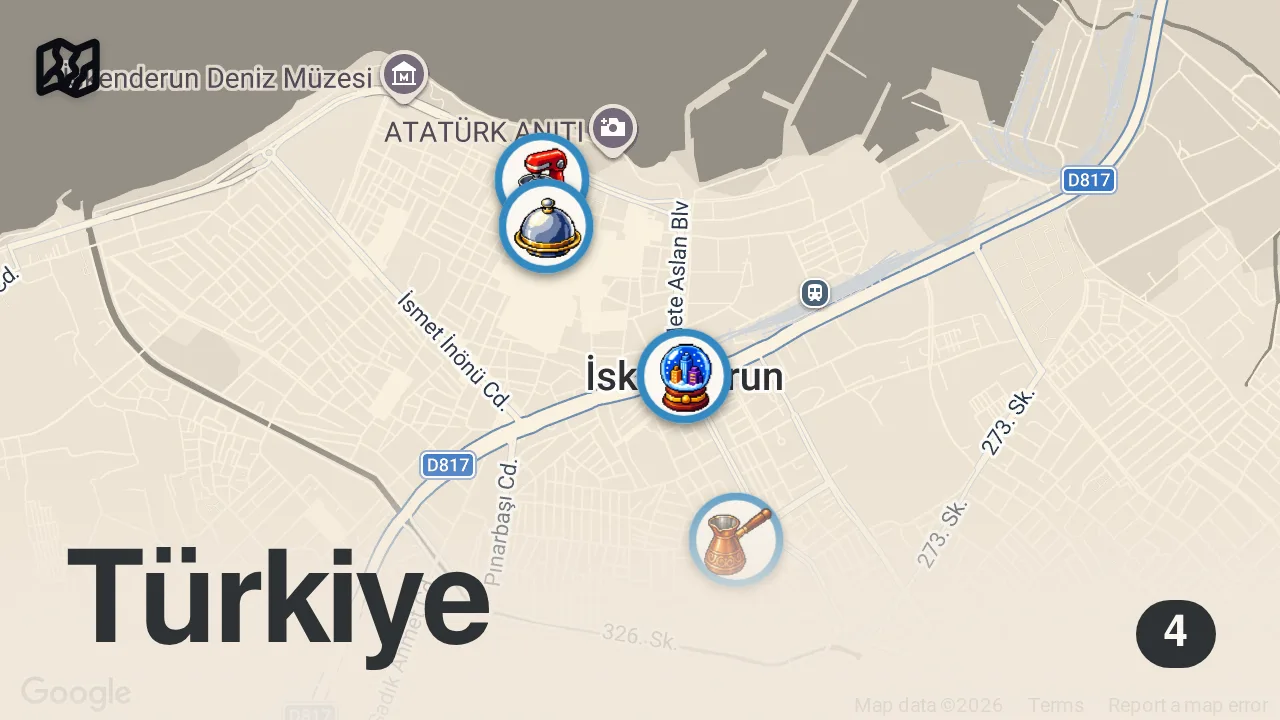 Map of 4 spots from #reklam İskenderun’da Mutlaka Denemeniz Gereken Lezzetler! #short #video #yemek #shortsvideo