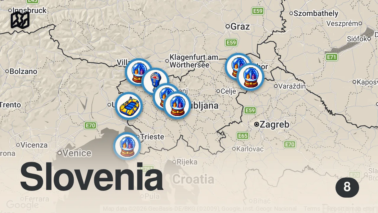 Map of 8 spots from 10 Best Towns and Cities In Slovenia 2026 | Slovenia Travel Guide