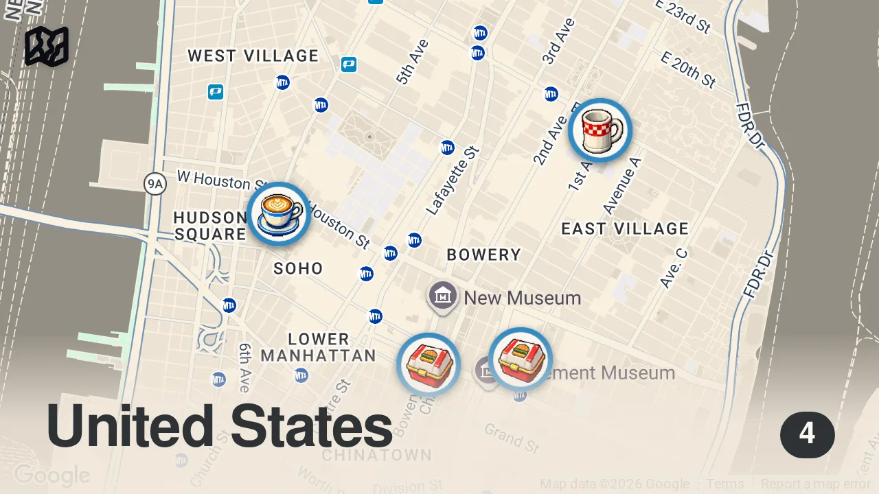 Map of 4 spots from Top 5 Burgers in NYC!🍔 #burger #nyc #restaurant #foodie