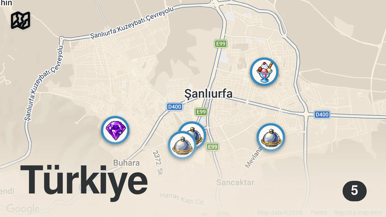 Map of 5 spots from Urfa Sokak Lezzetleri ! Fırat Çatladı | VLog