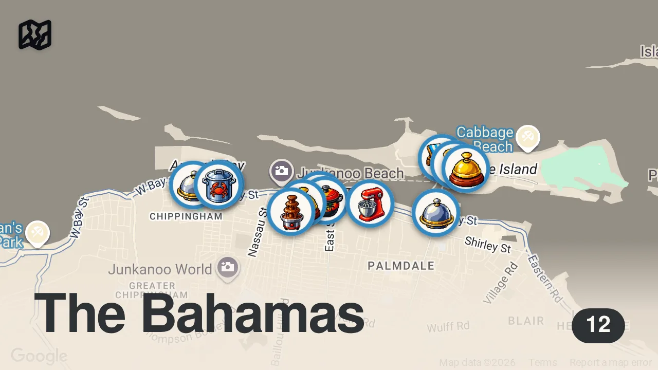 Map of 12 spots from Nassau Bahamas FOOD TOUR: Conch, Fish Fry, Guava Duff