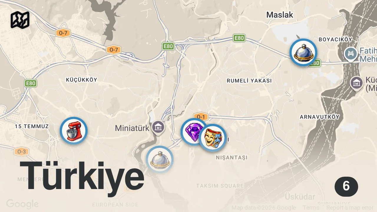 Map of 6 spots from İSTANBUL TAVSİYELERİNİZİ KEŞFETTİK - VLOG #10 - Ayaküstü Lezzetler