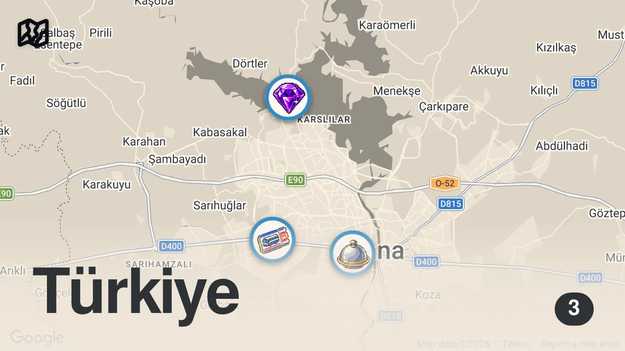 Map of 3 spots from ADANA’NIN EN UCUZ VE EN PAHALI KEBAPLARI!