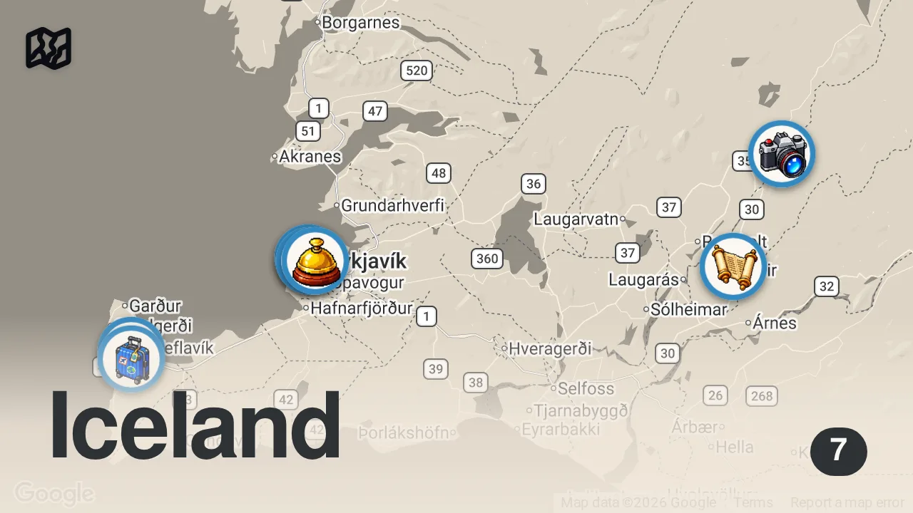 Map of 7 spots from ICELAND: 48 HOUR STOPOVER
